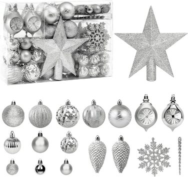 100 шт. прикраси для ялинки: кулі, верхівка, чорний набір, сріблястий, розбиваємий, для підвішування