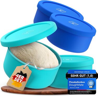 Pizza Ball Box with Lid, 4-Piece Set - Ideal as a pizza box, dough box, proofing box, for up to 350g of pizza dough, non-stick silicone, freezer and dishwasher safe, food-grade.