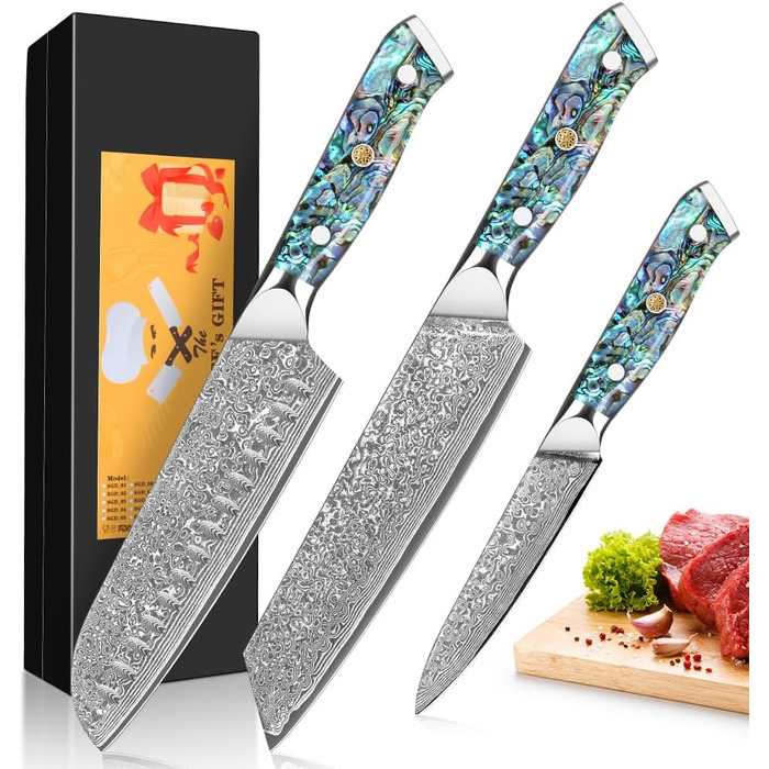 Ніж Santoku з дамаської сталі 18 см: преміум якість, VG-10 сталь, ручка з мушлі Абалоне, подарункова коробка