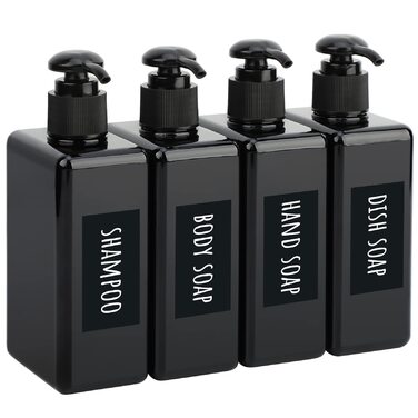 Диспенсер для мила Segbeauty Quadratisch, 4 шт. 280 мл, чорний - набір дозаторів для шампуню, гелю для душу, рідкого мила, багаторазові пластикові помпові пляшки для кухні та ванної з етикетками