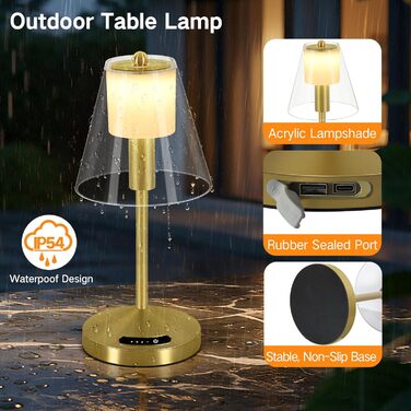 OUTON Бездротова настільна лампа Gold – LED лампа з торканням, регулювання яскравості, 3 режими кольору (3000K–6000K), акумулятор 4000mAh, USB-C, до 120 годин роботи, пам'ять, для спальні, бару та декору, золота