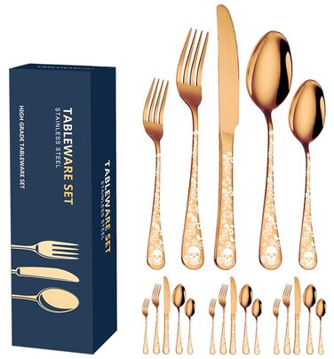 Набір столових приборів Xiaoyu Gothic 20 шт. (на 4 особи) з дизайном черепів та квітів, рожеве золото - для Хелловіну та вечірок