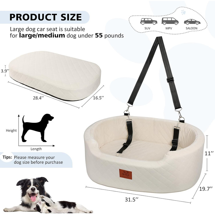 Dog Car Seat for Medium/Large Dogs (up to 25kg) or 2 Small Dogs - with Safety Leashes & Washable Cushion - Back Seat Cover