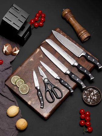 D.Perlla Self-Sharpening Knife Block Set - 7 Piece Stainless Steel Knife Set with Plastic Handle & Wooden Block - Professional Kitchen Knife Set, Black