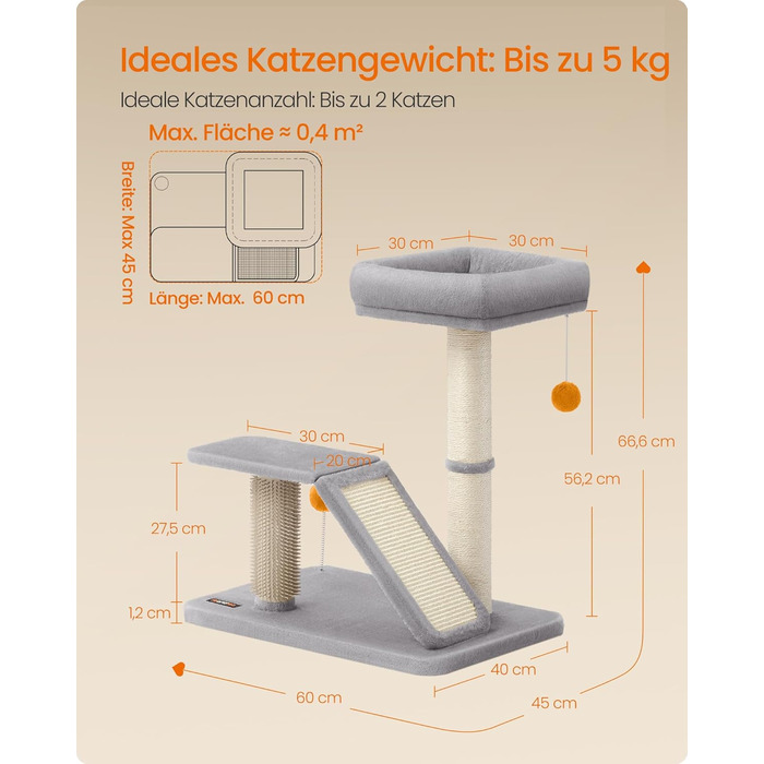 Feandrea Cat Tree with Lounging Area, Multifunctional Cat Tree with Platform, Swivel Ramp, Cat Brush, Plush Balls, Scratching Post, Small Cat Tree, 66.6 cm High, Light Grey PCA024G01