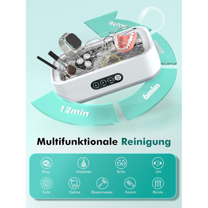 Ультразвукова мийка 650мл для глибокого очищення 360°, 48 кГц, One-Touch, для ювелірних виробів, скляного посуду, протезів