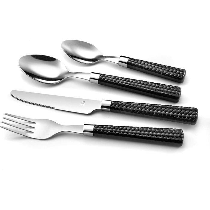 Amefa PAILLE Cutlery Set for 6 | Dinner Cutlery Set 24-Piece | Black Handles with Braided Design | Cutlery Set 18/0 Stainless Steel | Dishwasher-Safe Cutlery Set | 6 each of Fork, Knife, Spoon & Teaspoon