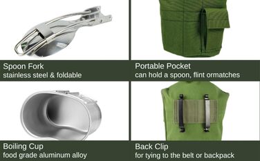 Military Mess Kit, Aluminum Cup Set with Lid and Folding Stainless Steel Spoon/Fork for Hiking Camping, 1 Quart Green