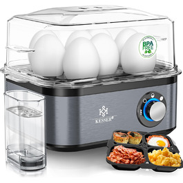 Електричний яйцеварка KESSER® на 1-8 яєць з нержавіючої сталі, 500W, з функцією підігріву, LED-регулятор, 3 ступені нагріву, BPA-Free, придатний для миття в посудомийній машині, мірний стакан, тримачі для яєць та форма для омлету, колір: антрацит