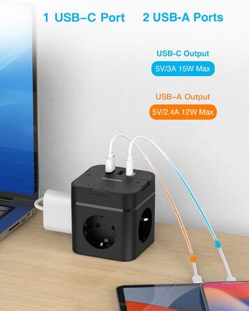 Багатофункціональний USB-розподільник 6 в 1 з USB-C, 3 розетки, індивідуальне вмикання, куб, кабель, для офісу, дому, подорожей (4M, чорний)