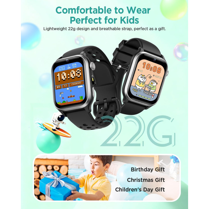 Смарт-годинник RUXINGX для дітей, 1.52″, крокомір, водонепроникний (IP68), з 170+ спортивними режимами, моніторингом серцевого ритму, сном, аудіокнигами, 20 карток для навчання, будильником, чорний