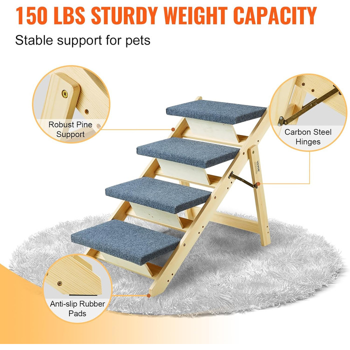 Дерев'яна сходинка для домашніх тварин VEVOR, 2-в-1, складана, для собак та котів, 4 сходинки, до 68 кг