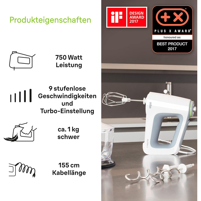Braun MultiMix 5 HM 5137 Hand Mixer – Handheld Mixer with Continuous Speed Control, including Whisk, Dough Hooks, Immersion Blender, Chopper, and 600 ml Mixing and Measuring Cup, 750 Watt, white HM 5137 Single