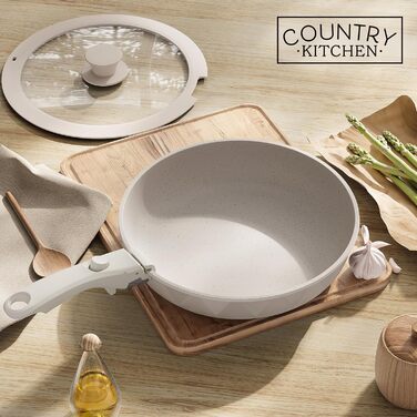Набір посуду Country Kitchen 16 предметів з керамічним антипригарним покриттям, знімні дерев'яні ручки, для дому та кемпінгу, жаростійкий (кремовий)