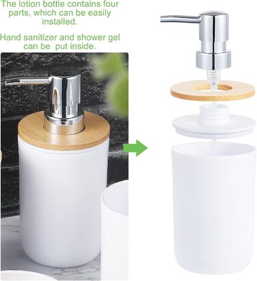 Набір аксесуарів для ванної кімнати з бамбука (4 шт): стакан для зубної пасти, тримач для зубних щіток, стакан для ополіскувача, дозатор для лосьйону, мильниця (білий)