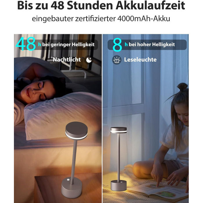 LED настільна лампа з акумулятором, бездротова, з торшером, сенсорне керування, алюмінієвий корпус, 3 режими димування, 4000mAh, 3000K, для обіднього столу, вітальні (срібна)