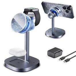 MOGU Бездротова зарядна станція 3-в-1 з магнітною фіксацією та охолодженням TEC, 15W, сумісна з MagSafe iPhone 12-17, Samsung S24-S26, Apple Watch, AirPods + адаптер 45W