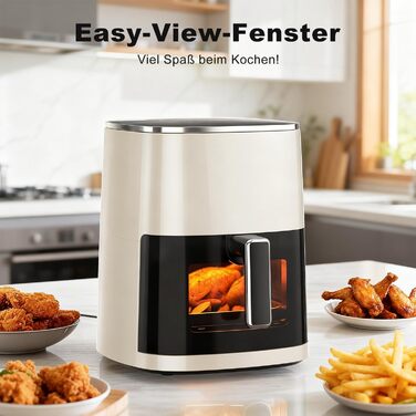 Фритюрниця повітряна DUMOS, 6 літрів, з вікном, квадратна, 12-в-1, для смаження, розігріву, сушіння, випікання, приготування на пару, 200°C, бежево-сіра