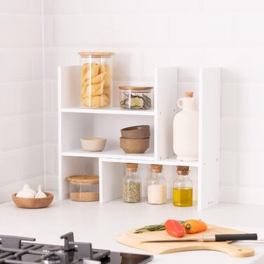 Navaris Acacia Desk Organizer 64x15.5x40 - Desk Shelf Organization System Adjustable - Corner Shelf for Kitchen Office Bathroom Shelf Attachment - Natural (White)