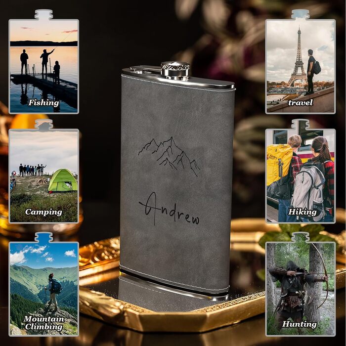 Фляга з гравіюванням гір, сталевий флакон 237мл/8oz, персоналізований подарунок для чоловіків, кемпінгу, туризму (сірий)