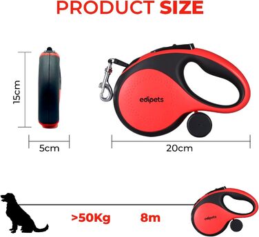 Hundeleine Edipets висувна 8 м, для собак різних розмірів, червона