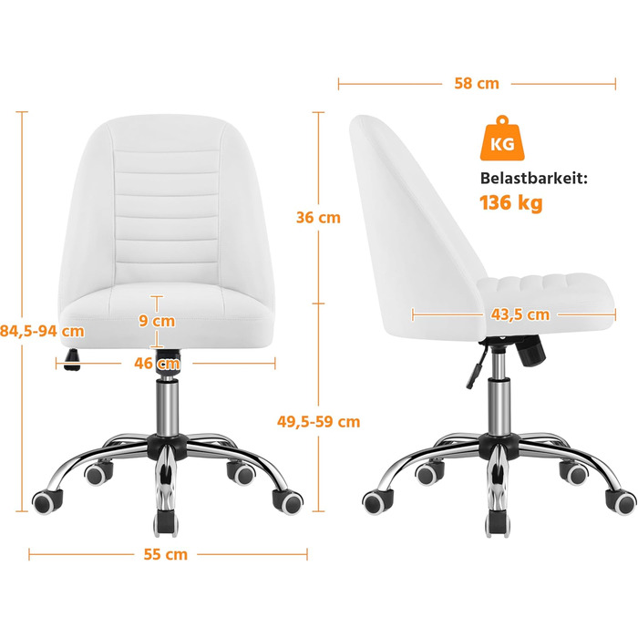 Офісне крісло Yaheetech без підлокітників, обертове, на колесах, регульоване по висоті, для роботи та макіяжу (білий, штучна шкіра)