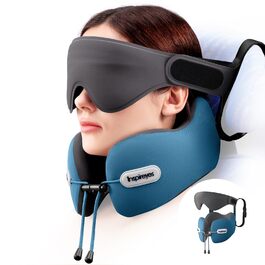 Подушка для шиї у літак з ременем безпеки та 3D маскою для сну, блакитна. Підтримка шиї та голови, високоякісний пінополіуретан, запобігає нахилу голови.