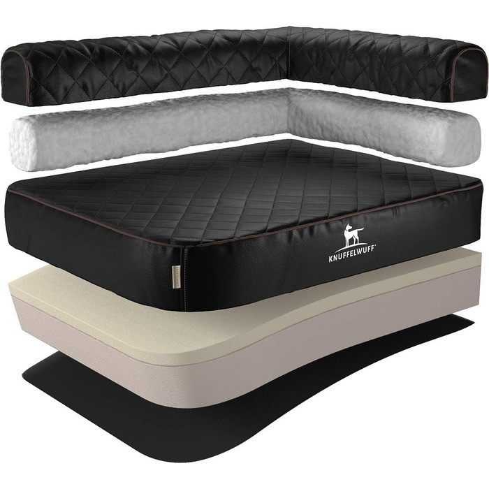 Ортопедичне собаче ліжко Knuffelwuff Winslow з лазерного стеганого штучного шкіряного покриття XXXL, 140 x 100 см, спинка справа, чорне, знімний чохол, легко мити, для великих та середніх собак. Розміри: 140 x 100 x 27 см