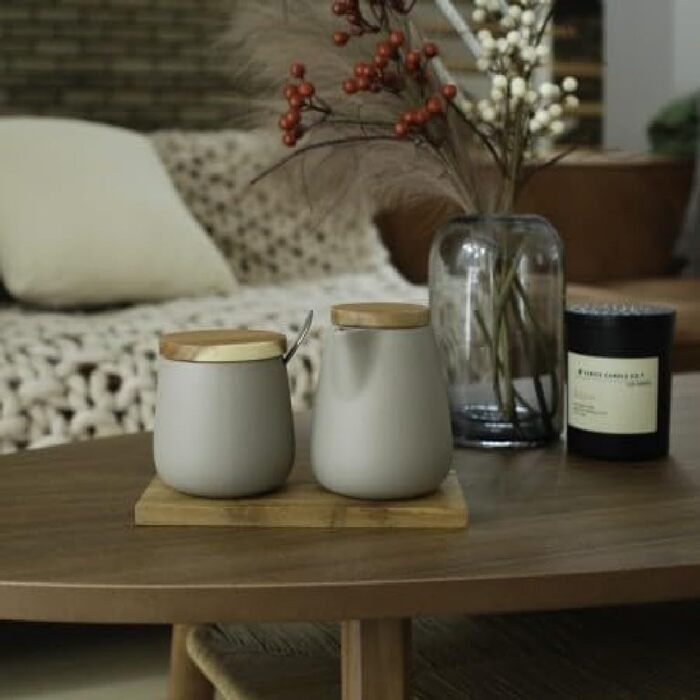 73974 2-in-1 Ceramic Sugar Bowl and Milk Jug Set, Acacia Wood Stand, Stainless Steel Spoon