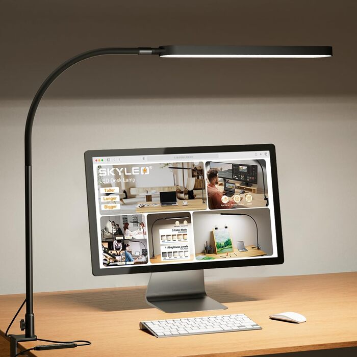 SKYLEO LED Desk Lamp with Adjustable Gooseneck - 80cm Height, 5 Color Modes, 11 Brightness Levels, Timer & Memory Function, 12W, Clamp-On Design