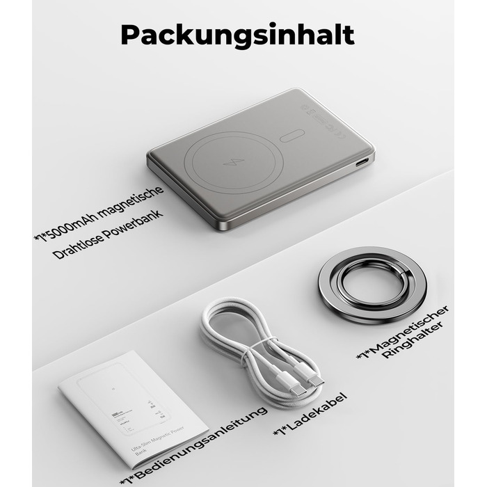 Power Bank KU XIU Magsafe 5000mAh: Тонкий, з підтримкою MagSafe, з кільцем для кріплення, PD 20W, для iPhone 17/16/15/14/13/12 (Титан)