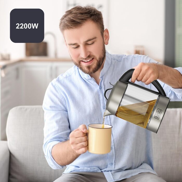 Електричний чайник BLACK+DECKER BXKE2202E, 1.2L, 2200W, 360° обертання, для лівшів, з автовимкненням, скляний