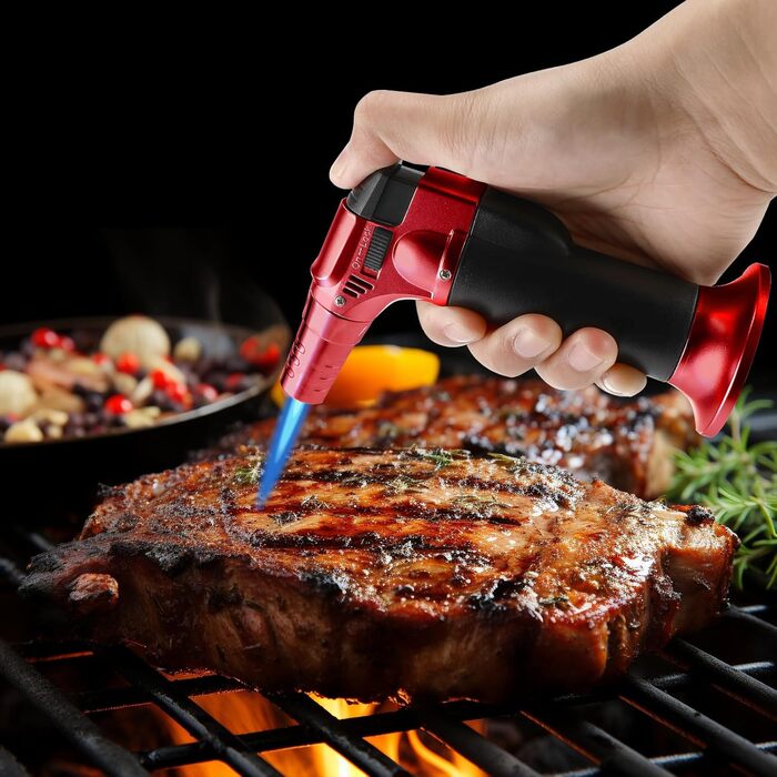 Фламбер (кухонний пальник) Royouzi з блокуванням безпеки, регульований, наповнюваний. Підходить для крем-брюле, грилю, приготування їжі, кемпінгу (червоний)