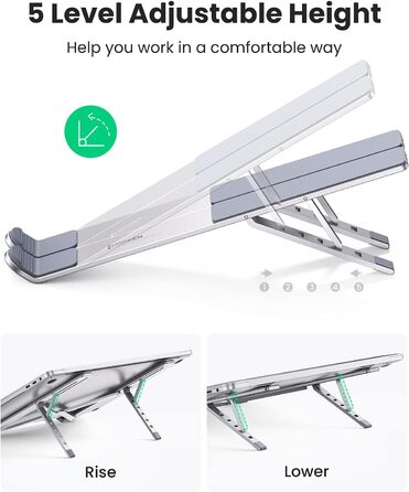 Підставка для ноутбука UGREEN з регулюванням висоти, алюміній, 5 рівнів, вентиляція, ергономічна, до 17.3 дюймів, сумісна з MacBook, Asus, Acer, HP, Dell