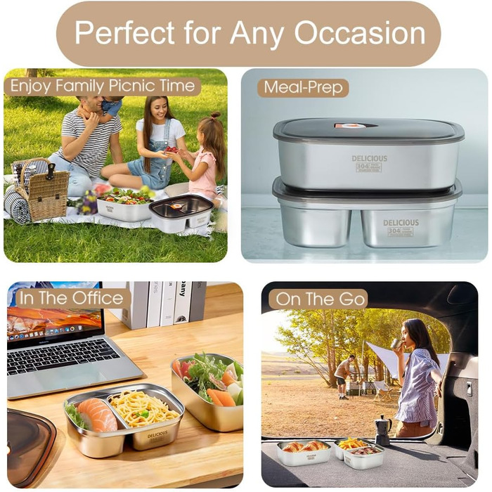 Набір ланч-боксів Kabbas Premium (2 шт.), 1.2L+1.7L, нержавіюча сталь 304, з відділеннями, не протікають, для дорослих та підлітків, легкі, ідеальні для школи, офісу, відпочинку на природі