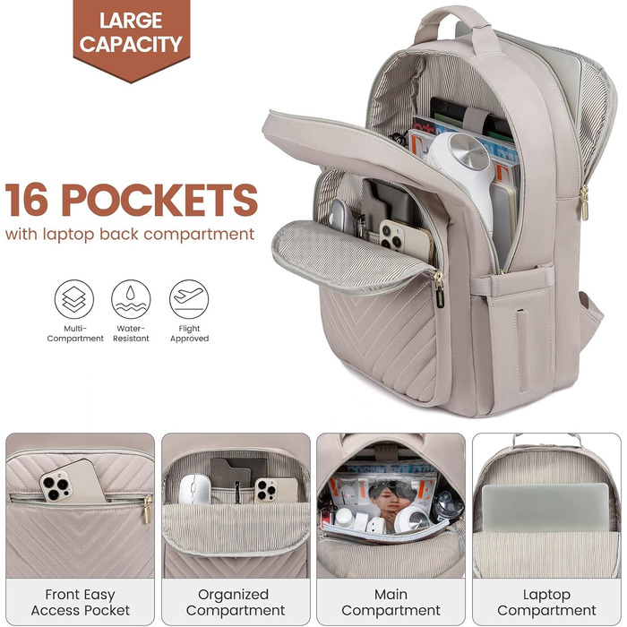 LOVEVOOK Рюкзак для жінок, великий, 15.6 дюймів, сумка для ноутбука, водонепроникний, шкільний рюкзак, чорний, елегантний, для роботи, школи, університету, подорожей, 15.6' (15.6', Taro-gray)