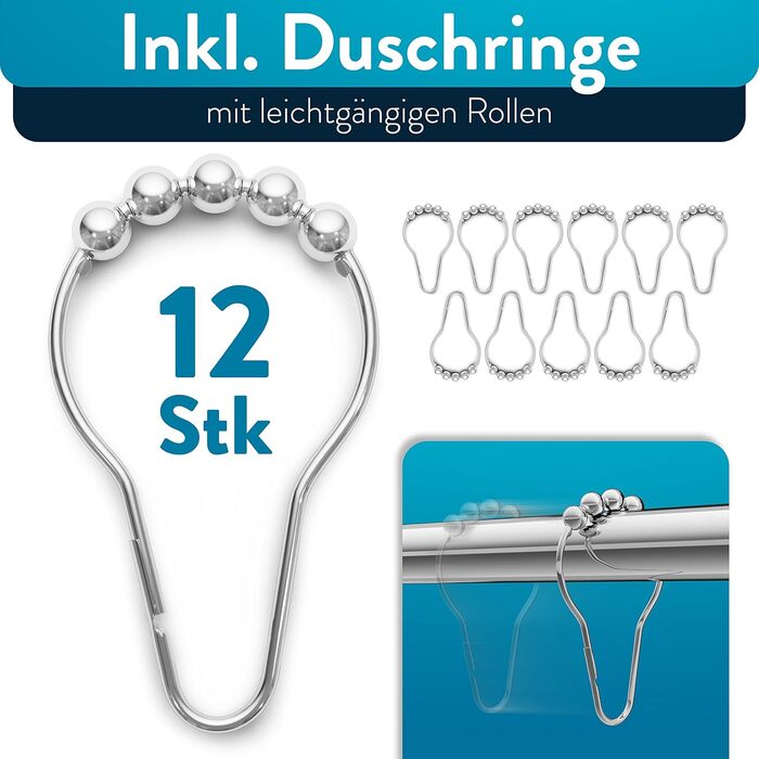 Висувна штанга для душу Benkstein® без свердління, 125-230 см - нержавіюча сталь, 12 кілець, телескопічна, стабільна, без свердління