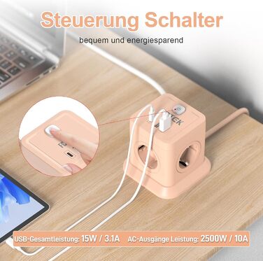 FDTEK Розетка-спінер з USB-C та USB-A, 7 розеток, 2500W/10A, з вимикачем, 1.8м кабель, рожевий