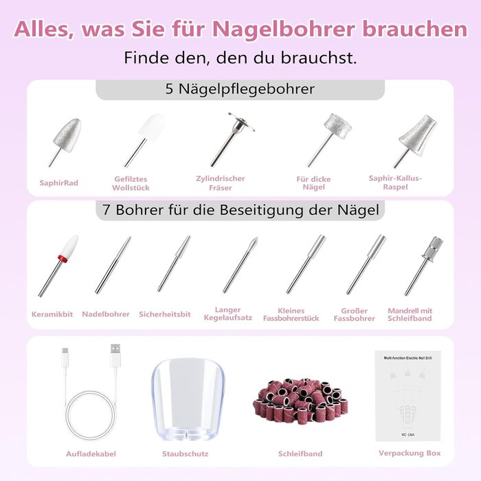 Електричний фрезер для нігтів Nagelfräser 45.000 об/хв - 14 в 1 для гелю, акрилу, манікюру та педикюру, 6 швидкостей, акумуляторний, рожеве золото