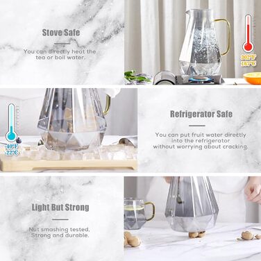 DUJUST Black Glass Carafe with Lid 2 Liter, Water Carafe in Modern Diamond Design, Glass Pitcher with Handle for Fruit Infusion, Durable Heat-Resistant Water Pitcher for Iced Tea/Milk/Coffee