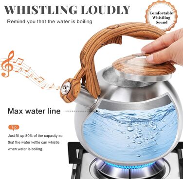 Чайник для плити GGC, 3.1 л, з свистком, нержавіюча сталь, з дерев'яною ручкою для дому та кухні