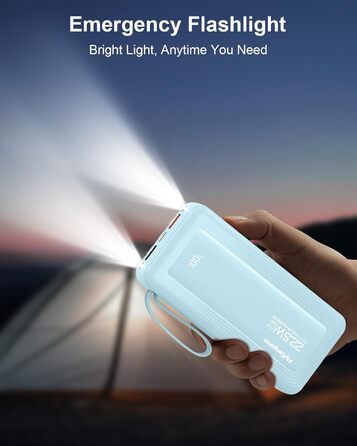 Power Bank 20000mAh, 22.5W, 6 виходів, 2 входи, LED дисплей, сумісний з iPhone, Samsung, Pixel, блакитний
