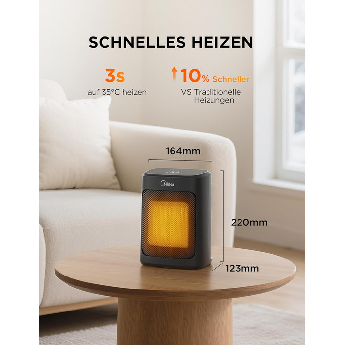 Електричний обігрівач Midea Ceramic 2000W з термостатом, 3 режими, таймер 24г, захист від перегріву та перекидання, миттєве тепло для офісу та спальні, 22 см, чорний
