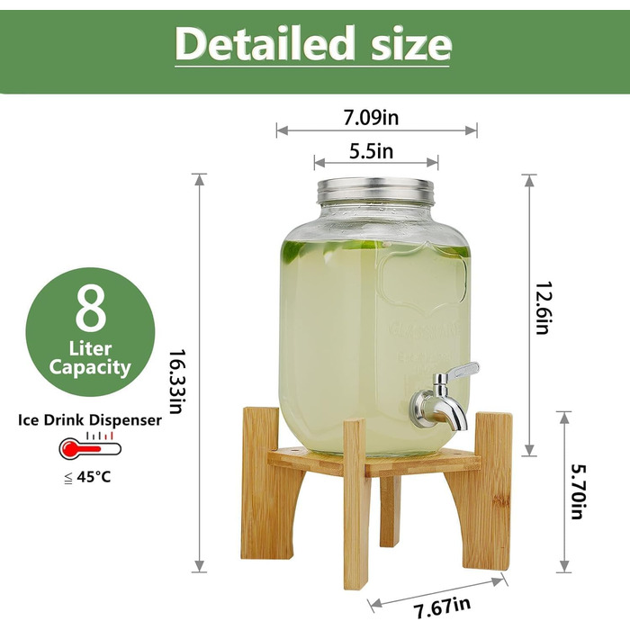 Скляний диспенсер для напоїв на підставці 8л з бамбуковою підставкою та краном з нержавіючої сталі
