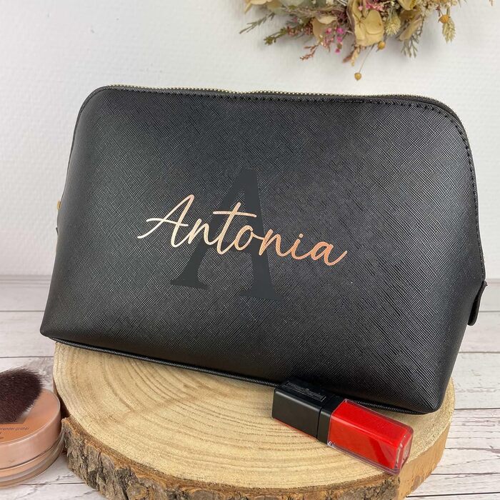Personalized Cosmetic Bag Initia + Name, Makeup Bag, Toiletry Bag for Women, Handbag, Gift for Women, Makeup Beauty (Large) (L, Black)