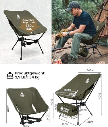 Складний туристичний стільчик OneTigris TIGERBLADE Ranger Green, 150 кг, з 2 кишенями для кемпінгу та пікніків