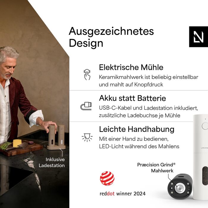 Електричні млини для солі та перцю 2 шт. LARS NYSØM з регульованою керамічною помелювальною системою (від грубого до дрібного помолу) | Дизайн, автоматичні, набір 2 шт. (Onyx Black)