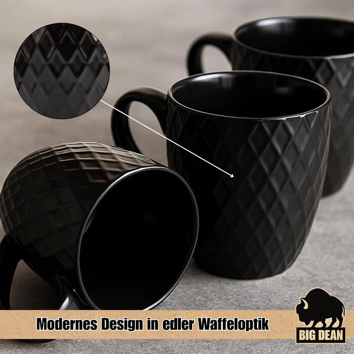 Набір кавових чашок BigDean 6 шт. 400 мл, чорний матовий керамічний посуд - подарунковий набір