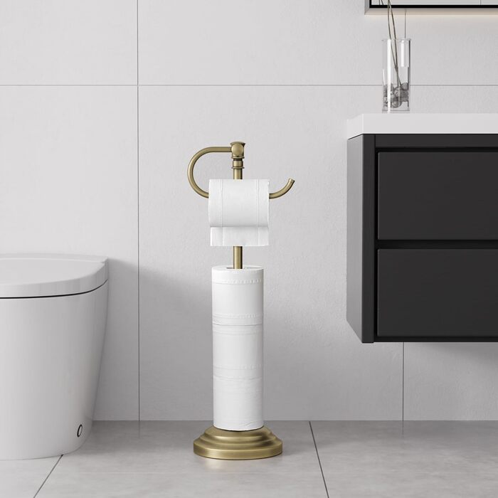 Тримач туалетного паперу на підлогу RUMOSE, античне латунь, регульований (31,5-57,9 см), з полицею для зберігання, нержавіюча сталь