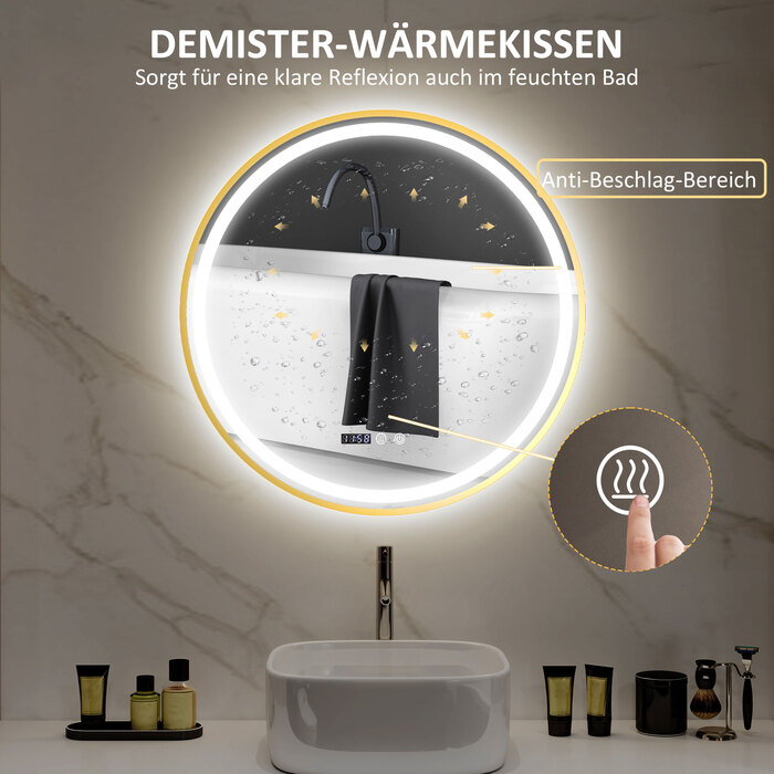 HOMCOM Round Bathroom Mirror with LED Lights, Anti-Fog Function, Touch Controls, and Display